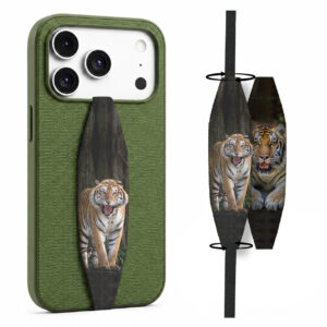 Animal theme phone grip strap attached to smartphone case, held securely in hand