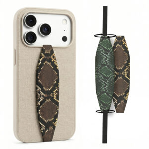 Animal theme phone grip strap attached to smartphone case, held securely in hand