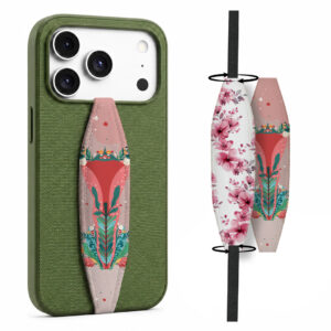Animal theme phone grip strap attached to smartphone case, held securely in hand