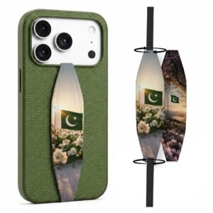 Green and white 14 August Independence Day phone grip strap with crescent and star design