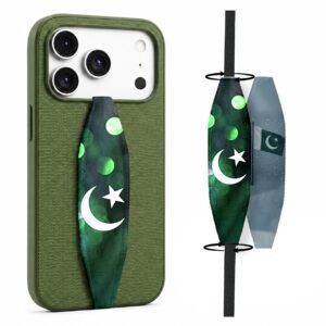 Green and white 14 August Independence Day phone grip strap with crescent and star design
