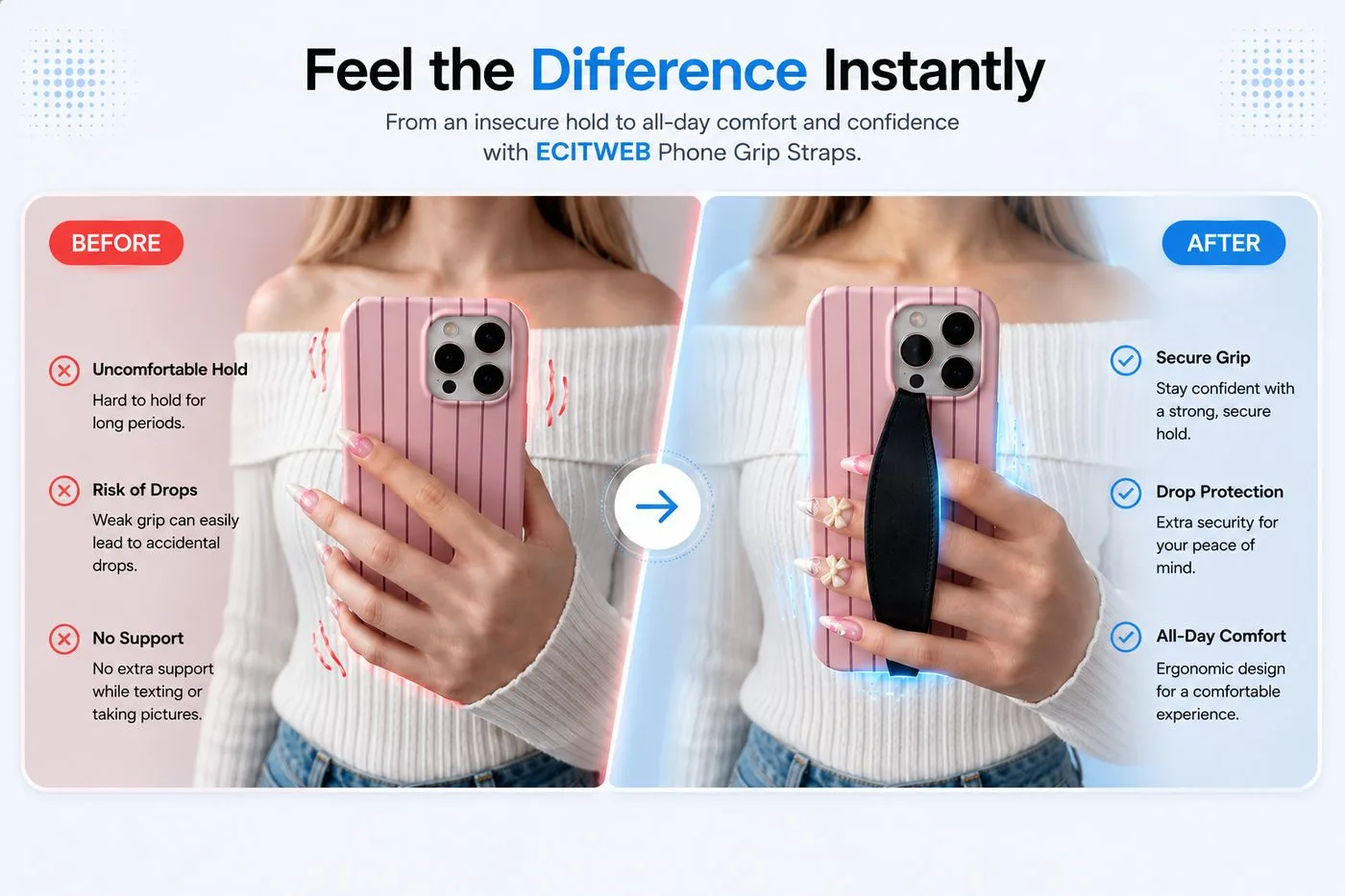 Before and after using ECITWEB phone grip strap